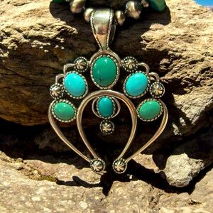 Vintage Carolyn Pollack Sterling Silver Turquoise Squash Blossom Pendant